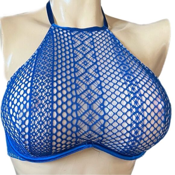 Victoria's Secret Sexy Unlined Fishnet High Neck Halter Underwire Bra 38C blue - Picture 4 of 7